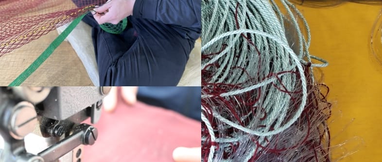 職人の手による網の補強作業、ロープと糸の山積み、産業用ミシンによる縫製、漁業用ロープや網素材が写る4つのパネルを組み合わせたコラージュ